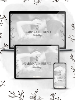 Minimalist and elegant wedding web invitation with black ink leaves